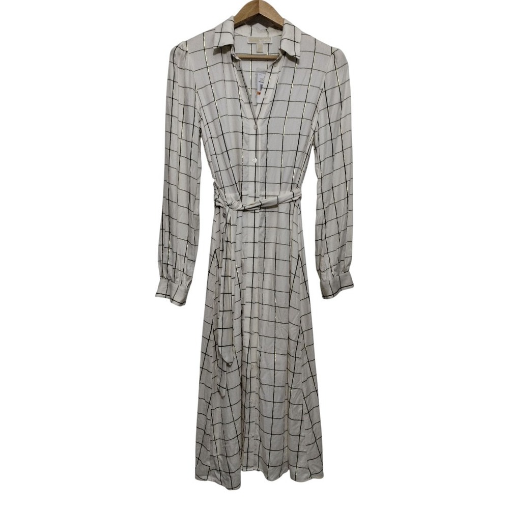 Michael Kors Womens S Printed Drapey Crepe Button Down Tie-Front‎ Midi Dress